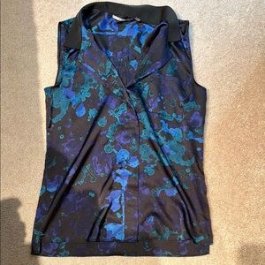 T Tahari Black and Blue Sleeveless Women's Blouse Silky SatinTop S